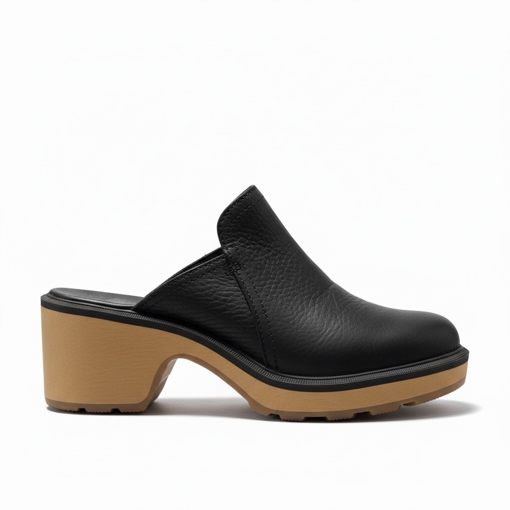 Sorel Hi-Line Waterproof Leather Heel Mule Clog Black Gum Boho Size 7